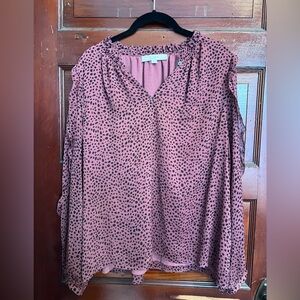 LOFT Dusty Rose Printed Ruffle Sleeve V-Neck Blouse